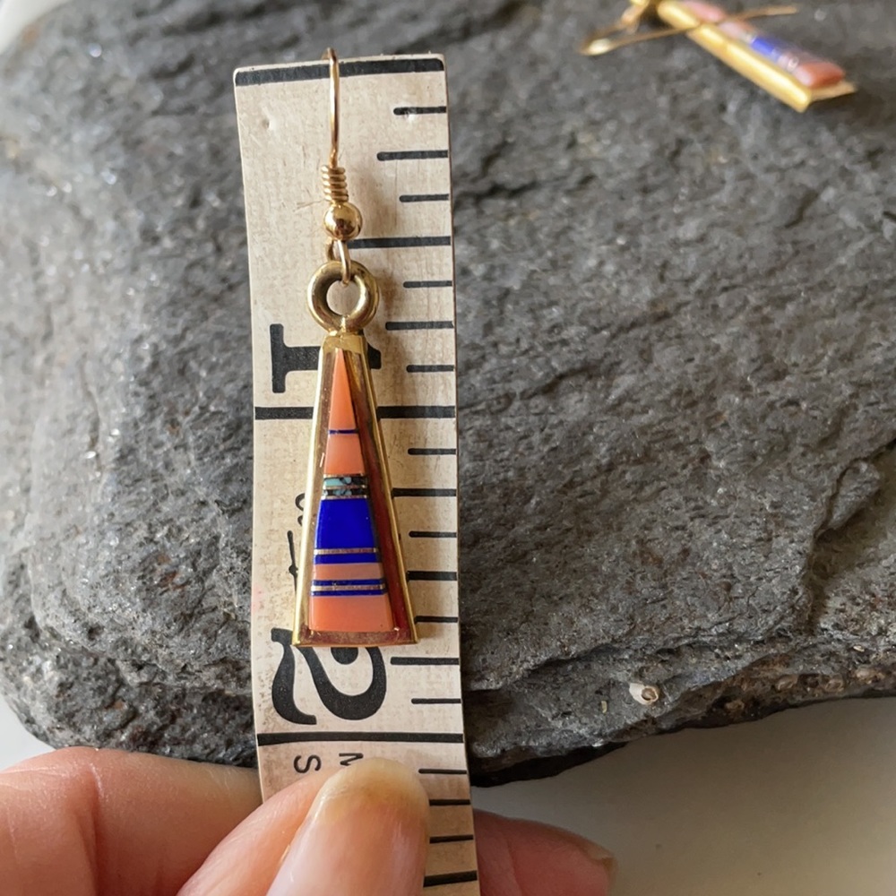18K GOLD Zuni Native American Vintage Multi-stone Dangle Earrings - Picture 14 of 14
